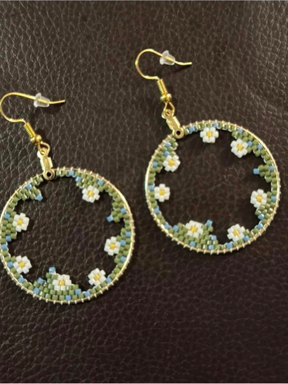 Handmade Gold Hoop Floral Beaded Earrings - (White, Green & Blue)